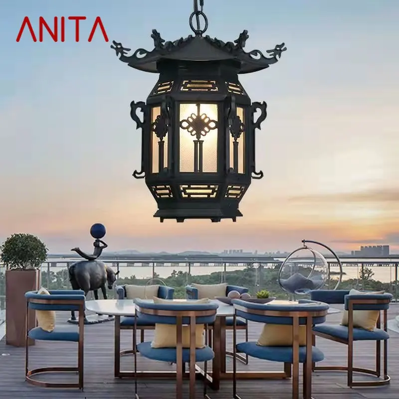 ANITA Chinese Lantern Pendant Lamps Outdoor Waterproof LED Black Retro Chandelier for Home Hotel Corridor Decor Electricity