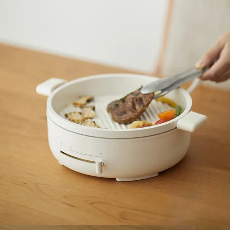 Olayks 1400W 220V Electric Skillet with Deep Hotpot and Steamer Home Smoke-free Barbecue Pan Non-stick Electric Frying Pan 2.5L 2