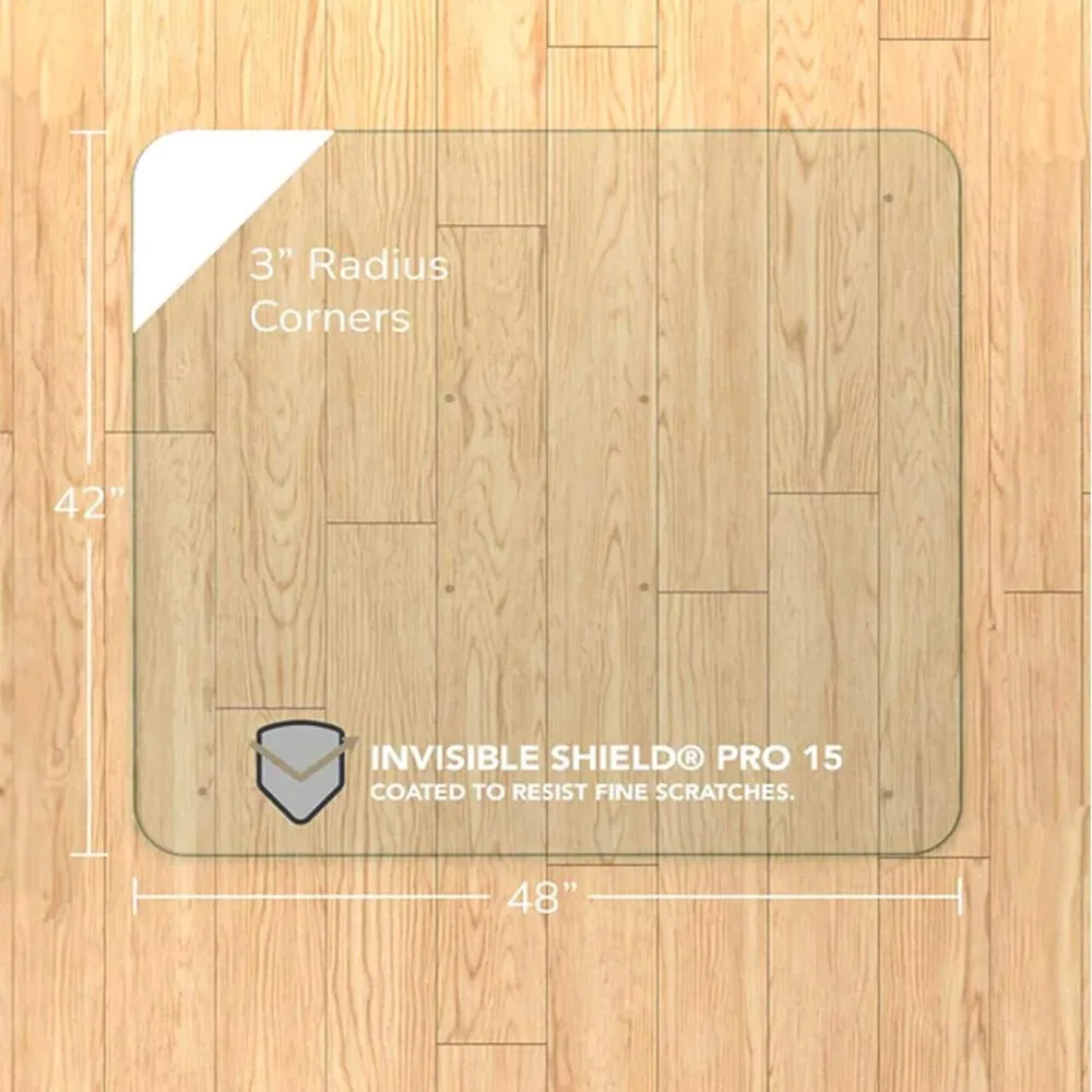 "42x48 inch clear glass desk mat for smooth movement and carpet protection"