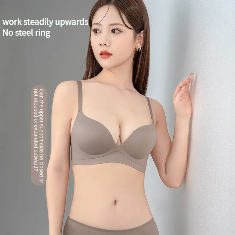 Women Gathered Seamless Lingerie Solid Small Breast Wireless Push Up Bra One Piece Thickened Comfortable Anti Sagging Invisible 3