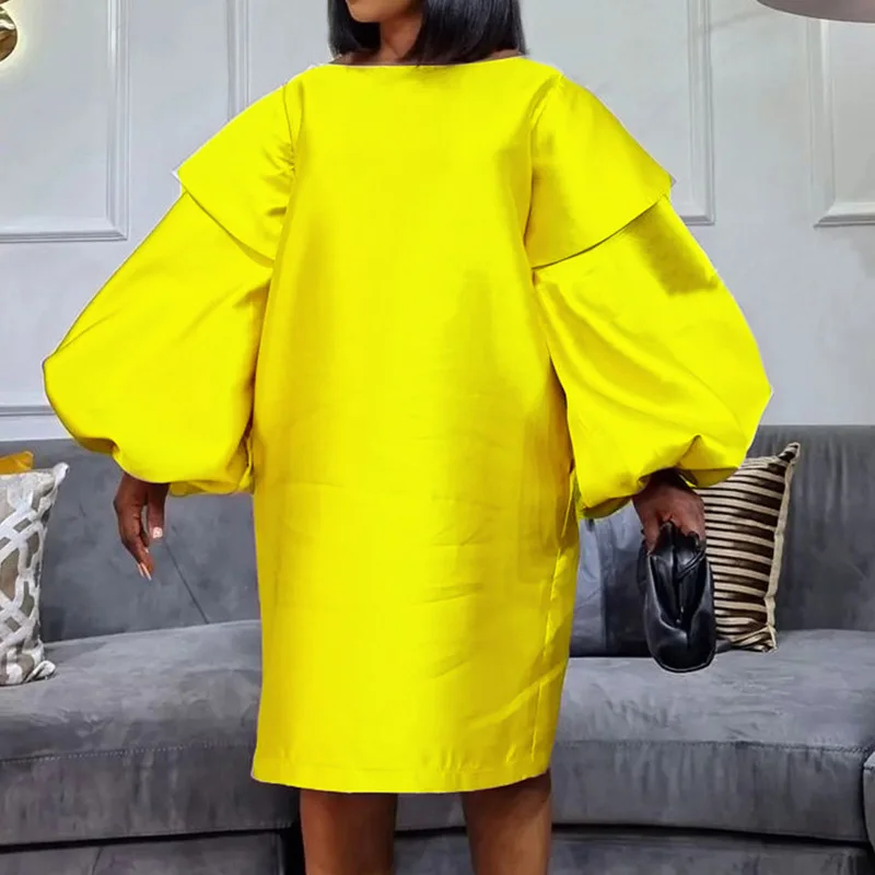 Spring Women Plus Size Round Neck Solid Color A-line Skirt Fashion Puff Long Sleeve Loose Waist Zipper Casual Knee Length Dress