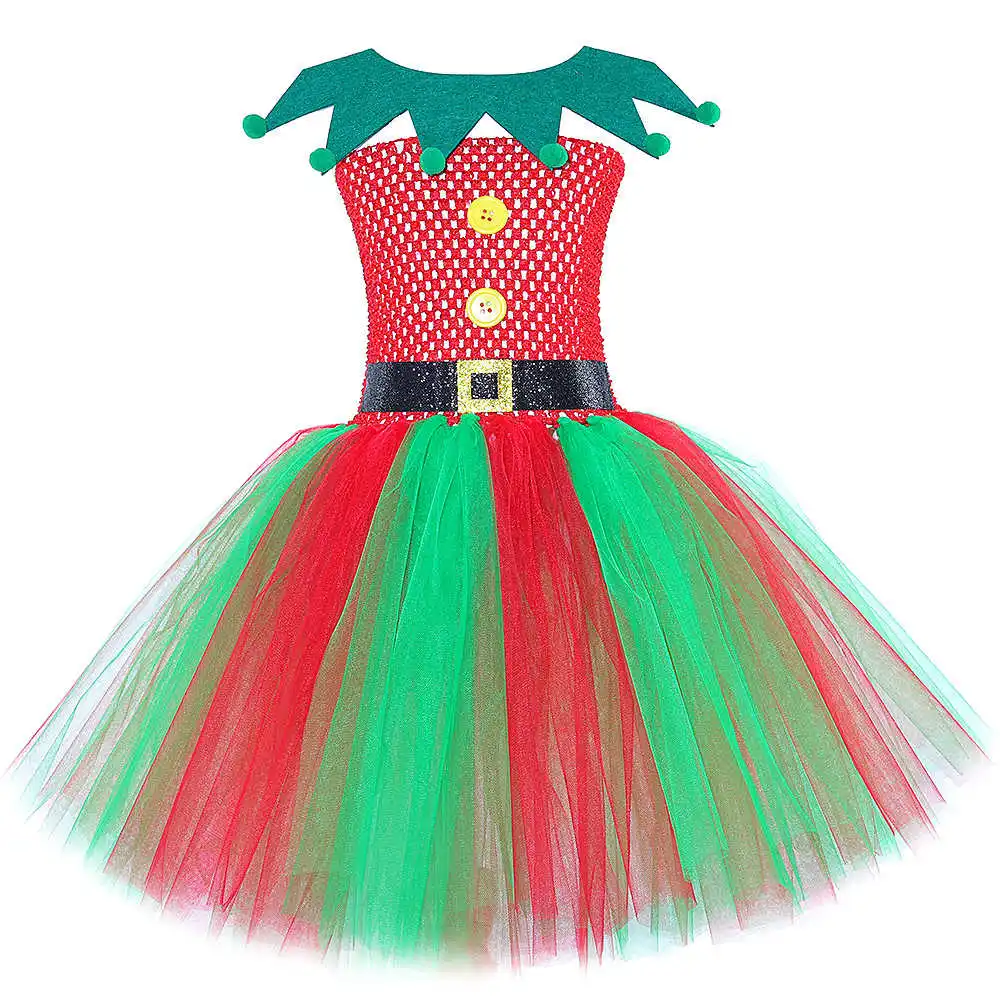 Elf Costume for Girls Christmas Tutu Dress Red Green Santa Tulle Princess Dress Outfit Toddler Kids Xmas Festive Party Dress Up