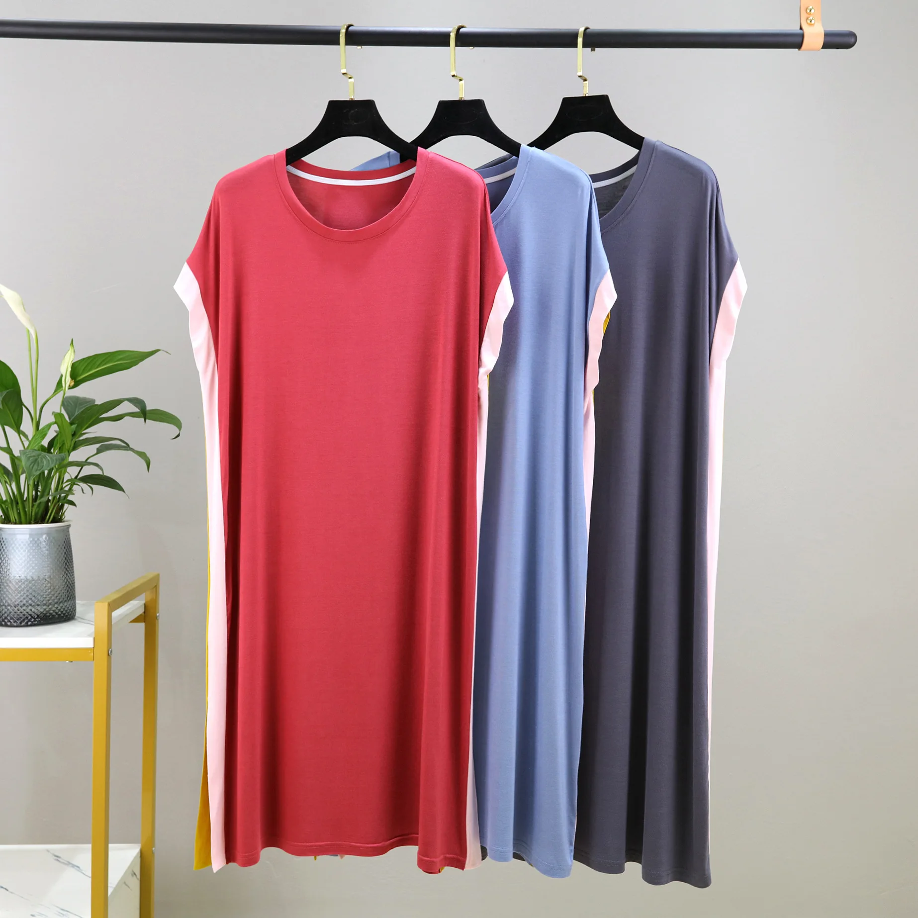 

Ночные рубашки из модала с белыми полосками по бокам, модная женская ночная рубашка, летнее тонкое платье для сна с круглым вырезом и коротким рукавом «летучая мышь»