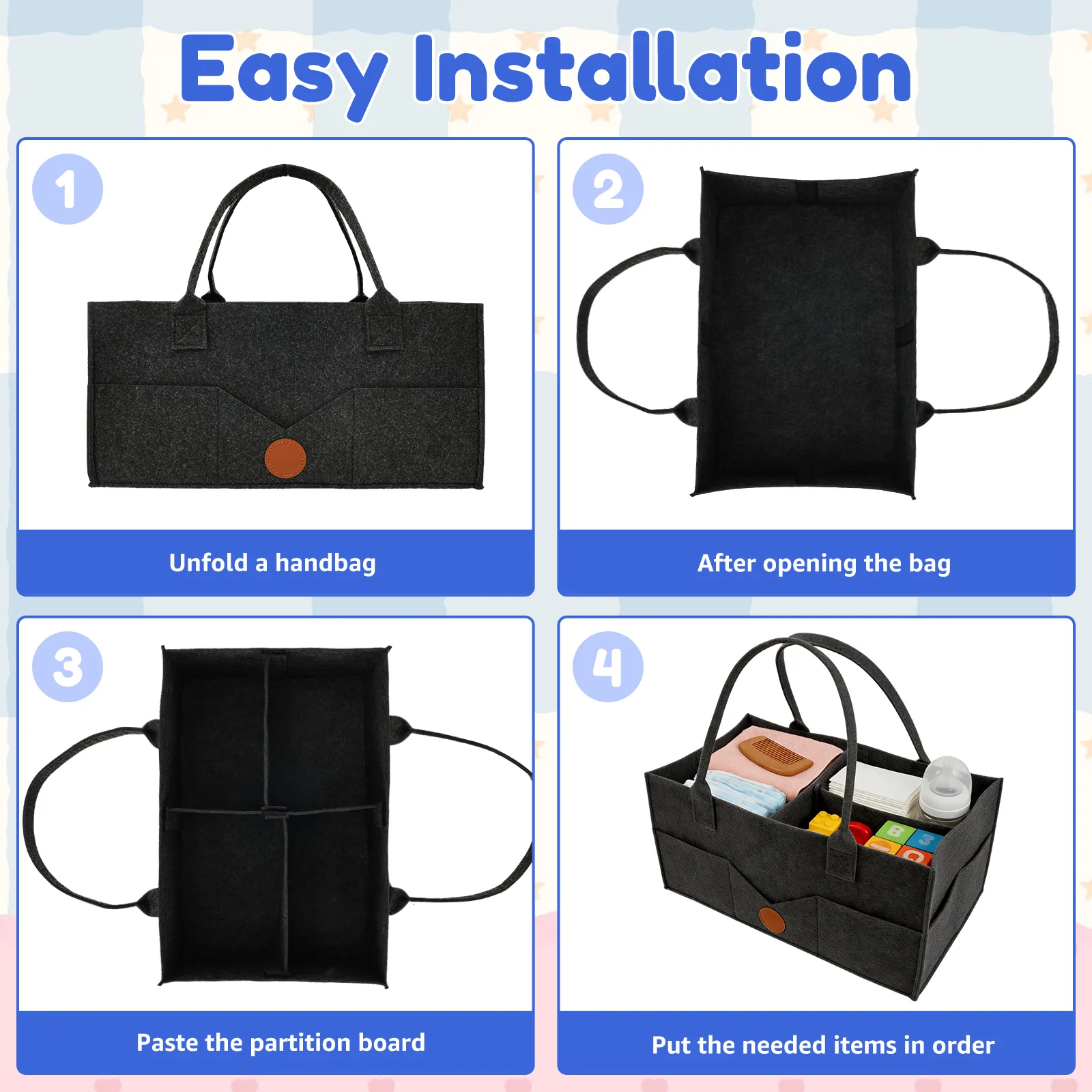 2Pcs Diaper Caddy Organizer Baby Felt Storage Basket with Dividers and Handle Large Capacity Portable Infant Diaper Bag for Baby