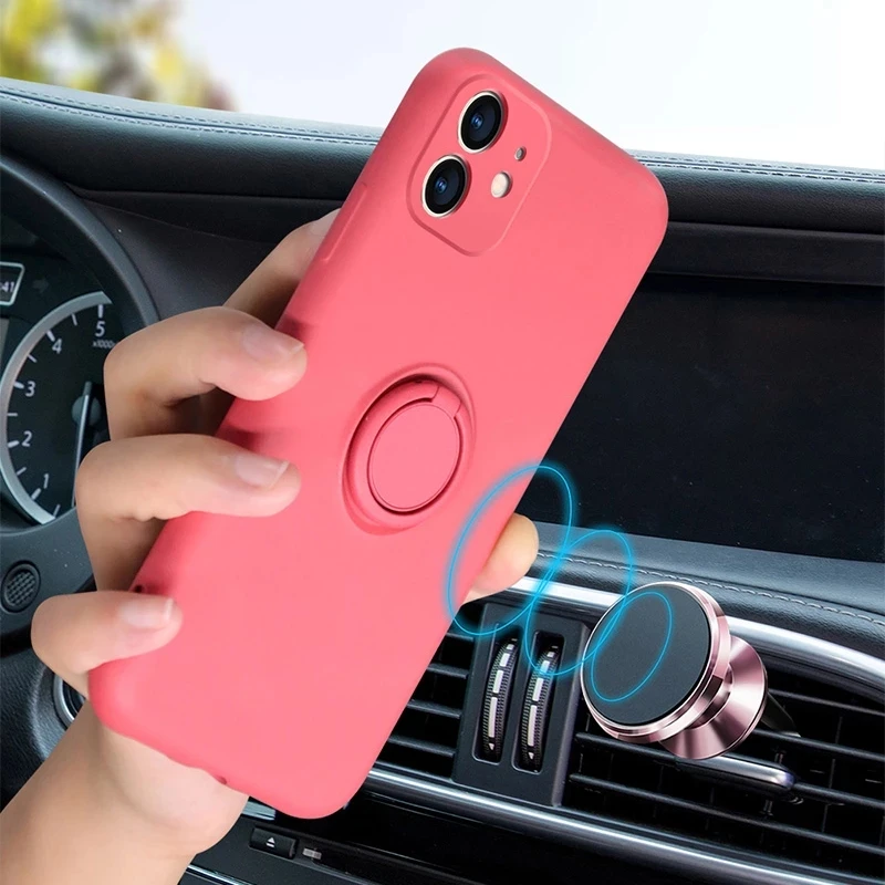 Luxury Ring Holder Magnetic Liquid Silicone Frame Phone Cover with Air Strap Case