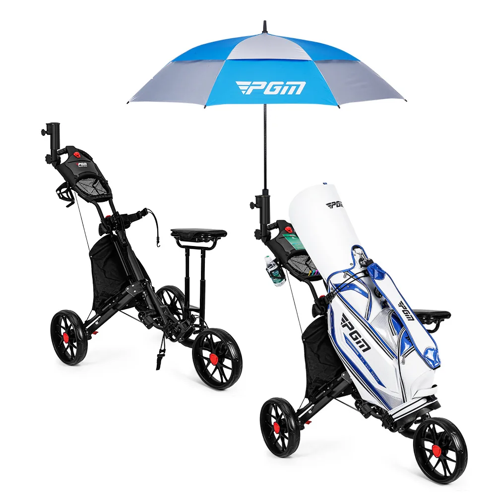 PGM Golf Bag Trolley Three Wheels Foldable with Brakes Equipped with Seat Ice Bag Umbrella Water Cup Holder Golf Push Cart QC007