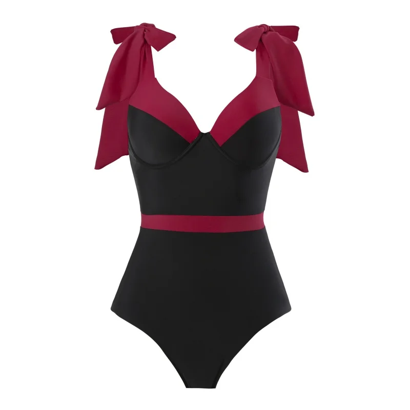 2024New Solid Color One-Piece Women's Swimsuit Set French Hot Spring Belly Covering Slimming Swimsuit Wholesale