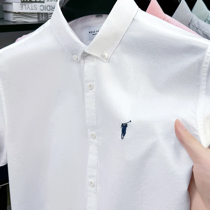 Solid Color Cotton Embroidered Small Horse Logo Shirt, Men's Short Sleeved Casual Versatile High-end Spring and Autumn Shirt