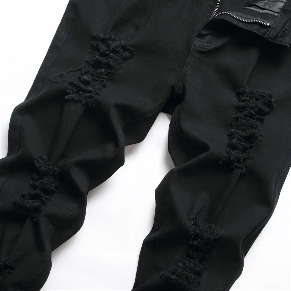 Spring Men Stylish Hip hop Ripped Skinny Jeans Pants Streetwear Male Holes Distressed Solid Slim Casual Denim Trousers