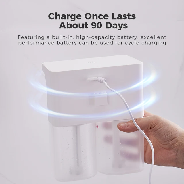 เครื่องจ่ายสบู่โฟมอัตโนมัติขนาด 600 มล. แบบสองหัวแบบชาร์จไฟได้ 3 ระดับเซ็นเซอร์เหนี่ยวนำแบบปรับได้สำหรับห้องครัวห้องน้ำ 6