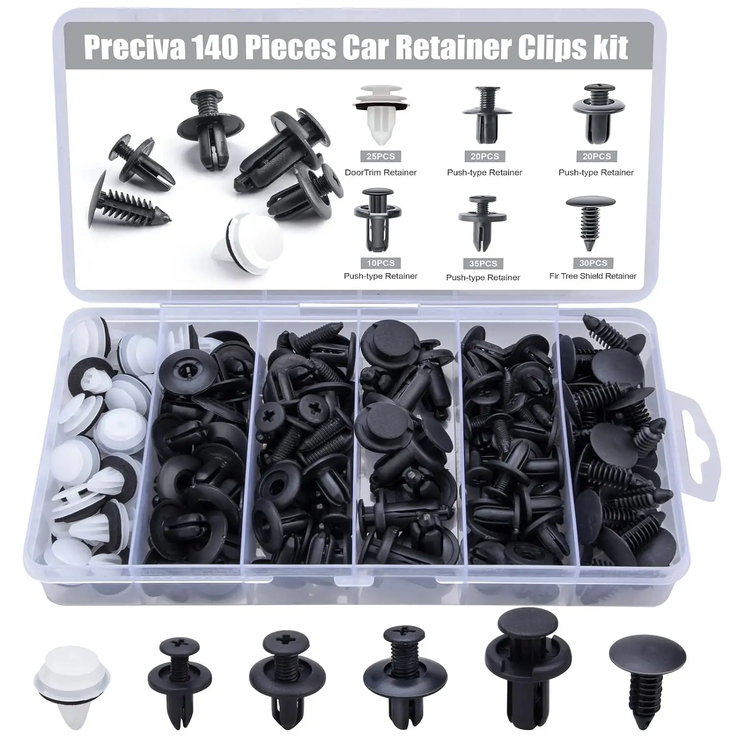 140-Piece Universal Auto Push Clip Set 6 Styles Plastic Fasteners for Car Bumper Trim Wheel Arch with Organized Storage Box