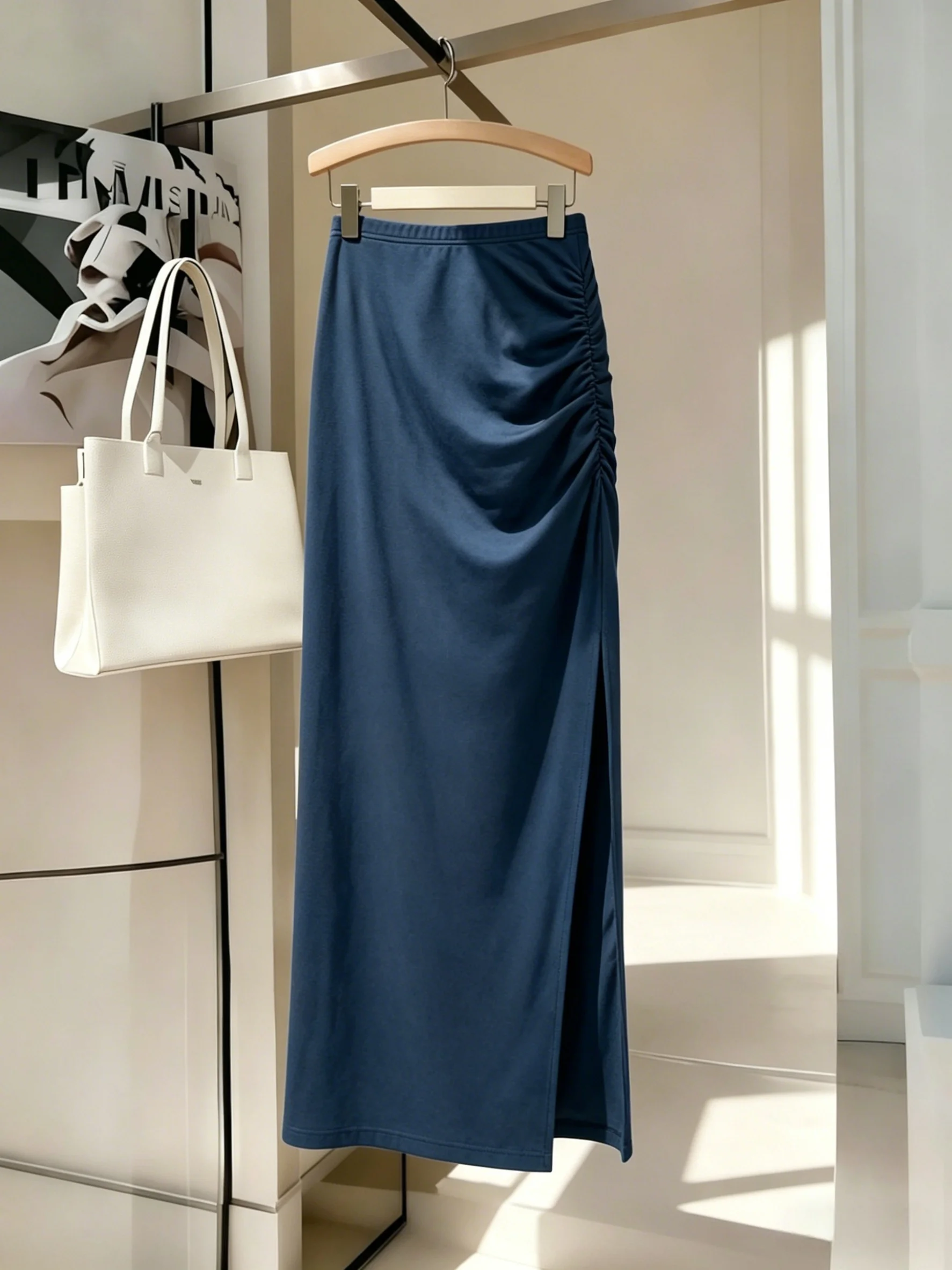 Women Navy Blue Solid Color High Waist Ruched Side Slit Maxi Skirt Casual Slim Fit Bodycon Long Skirt For Daily Wear Streetwear 1