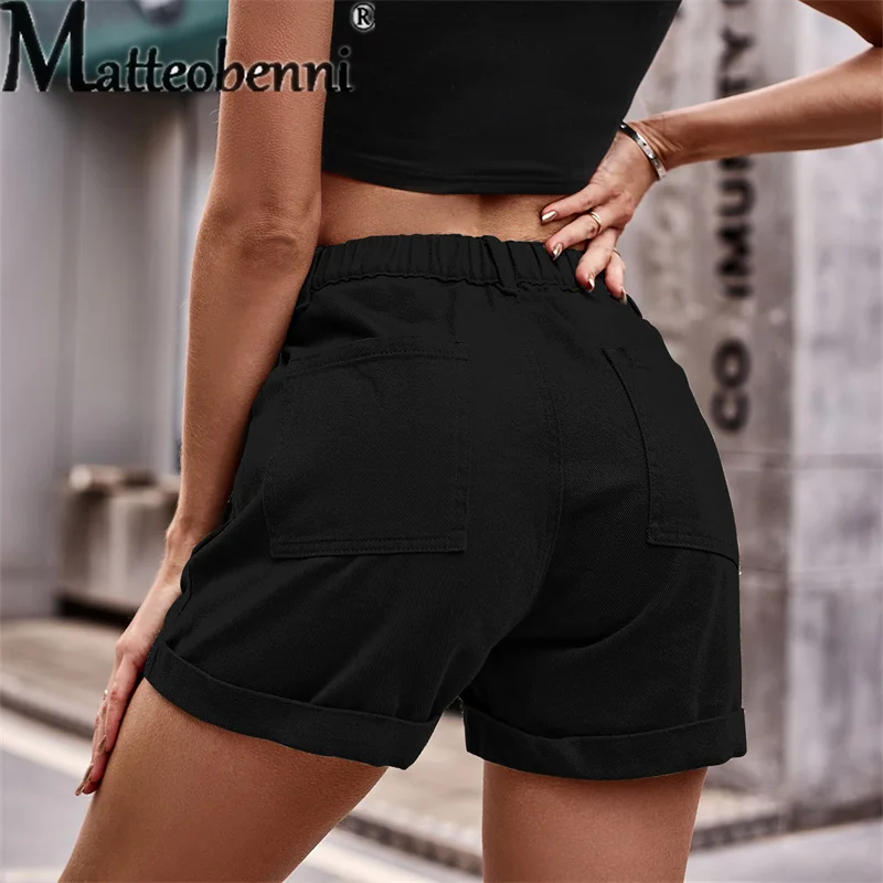 Fashion Street Three-dimensional Pocket Splicing Button Denim Shorts Women's Casual Overalls Female Straight Three-quarter Pants