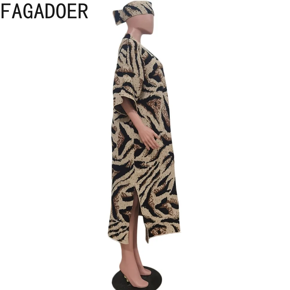 FAGADOER Fashion Street Style Women Knitting Leopard Printing Half Sleeve Cardigan Casual Female Loose With Scarf Long Clothing