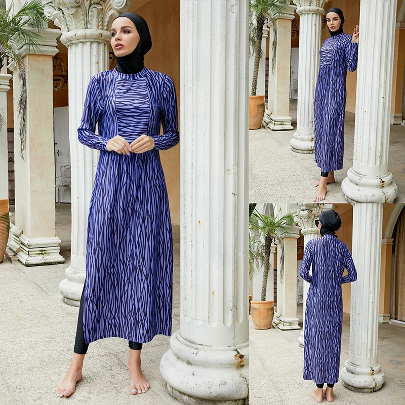 Muslim Hijab Swimsuit Blue Print Long 