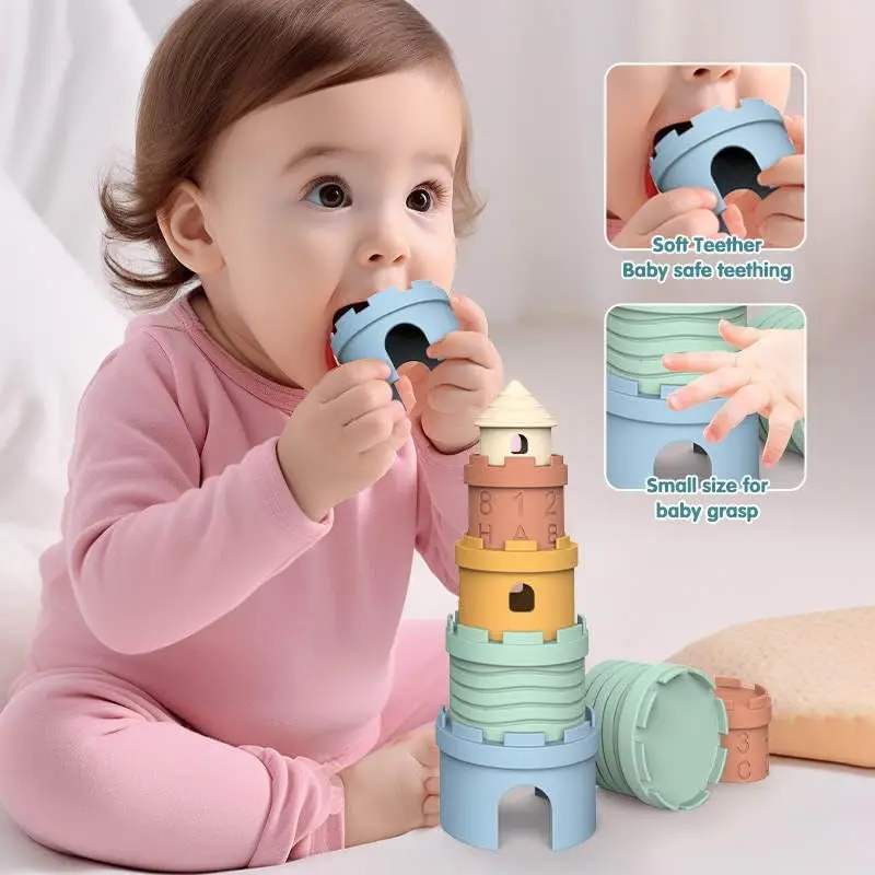 Silicone Stacking Cups Teething Toys for Babies Castle Learning Tower for Infants Toddlers Soft Bath Toy 1-3 Years gift 5Pcs/SET