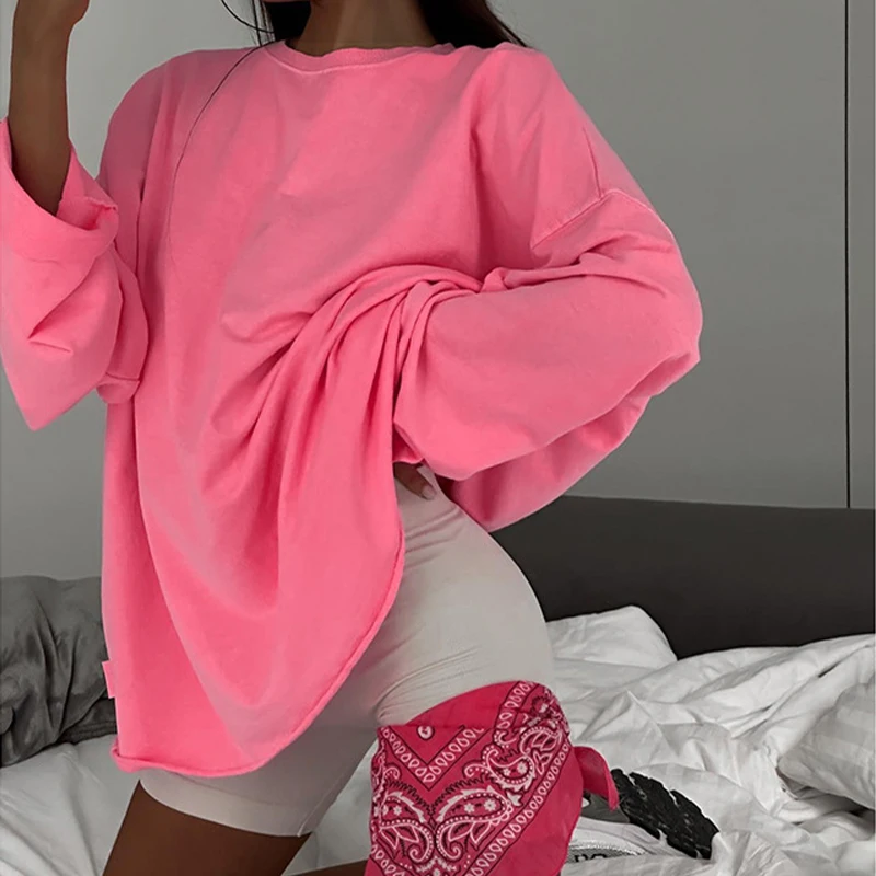 

Женский однотонный базовый пуловер OMSJ, повседневный свободный джемпер с длинным рукавом и круглым вырезом, уличная одежда, осень 2023