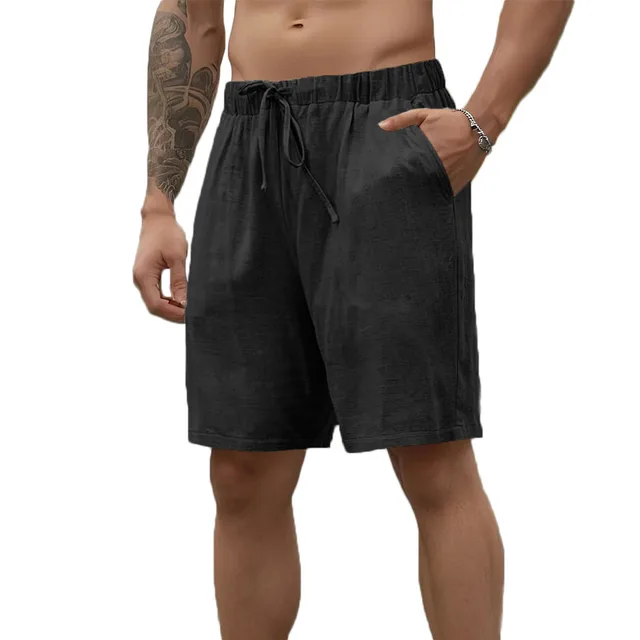 Pantalones Cortos De Lino Para Hombre - Cintura Elástica Con Cordón, Color Azul Cielo, Talla L