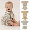Infant Set 2022 Summer Boys and Girls Short Sleeve Shorts Waffle Round Neck Stripe Two Piece Set Newborn Baby Girl Clothes 1