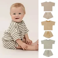 Infant Set 2022 Summer Boys and Girls Short Sleeve Shorts Waffle Round Neck Stripe Two Piece Set Newborn Baby Girl Clothes 1
