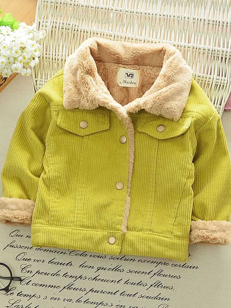 Corduroy Plush Jacket New Autumn/Winter Boys Girls Thickening Single Breasted Cotton Top Casual Fashion Warm Baby's Coat