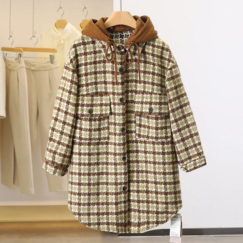 

Women long jacket autumn khaki plaid shirt jackets casual outwear hooded coat