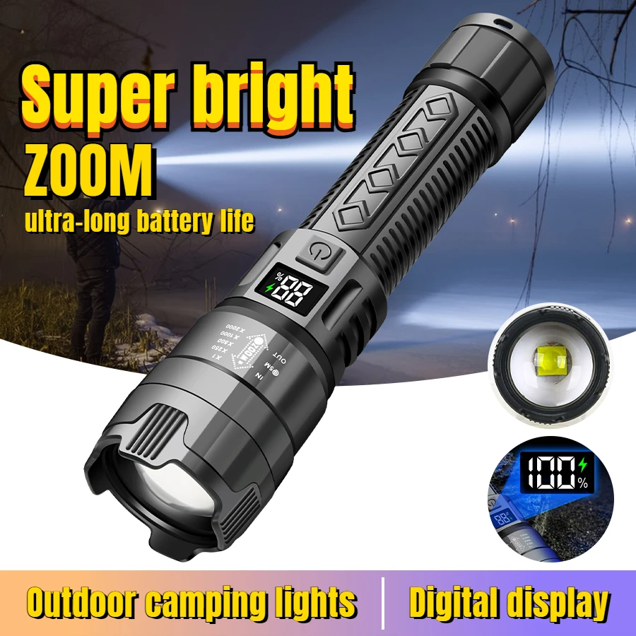 High Power LED Flashlight 3 Modes Type-C Rechargeable Zoom Lantern Built in Battery 100 Meter Outdoor Fishing Tactical Torch