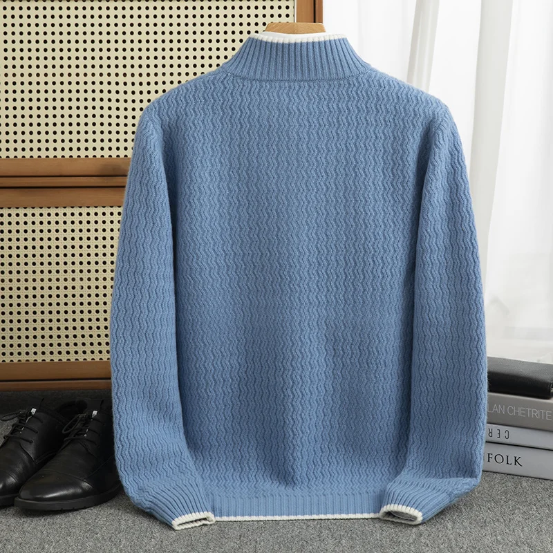 Contrast color Half zip Autumn/winter new 100% Merino wool cashmere sweater men's half turtleneck pullover warm bottom knitshirt 4