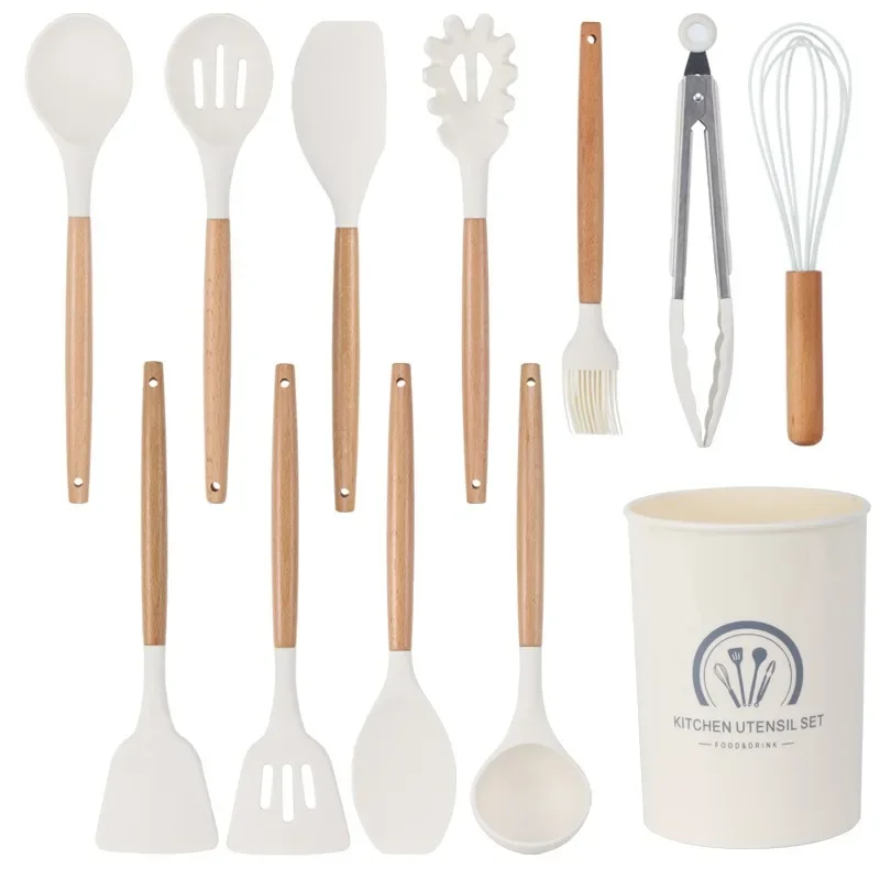 Umite Chef Set di utensili da cucina, 15 pezzi in silicone, utensili da cucina da cucina, spatola, cucchiaio, per pentole antiaderenti resistenti al calore, colore: cachi