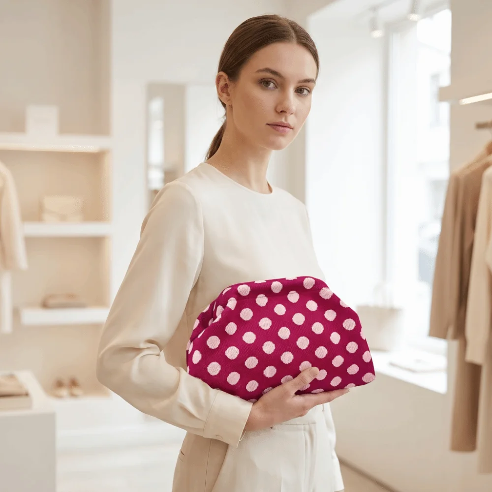 Borsa per il Trucco a Blocchi di Colore con Motivo a Pois, Grande Capacità, Portatile, Stile Retrò, Resistente, Elegante, Pochette Capiente per Palestra - immagine 3
