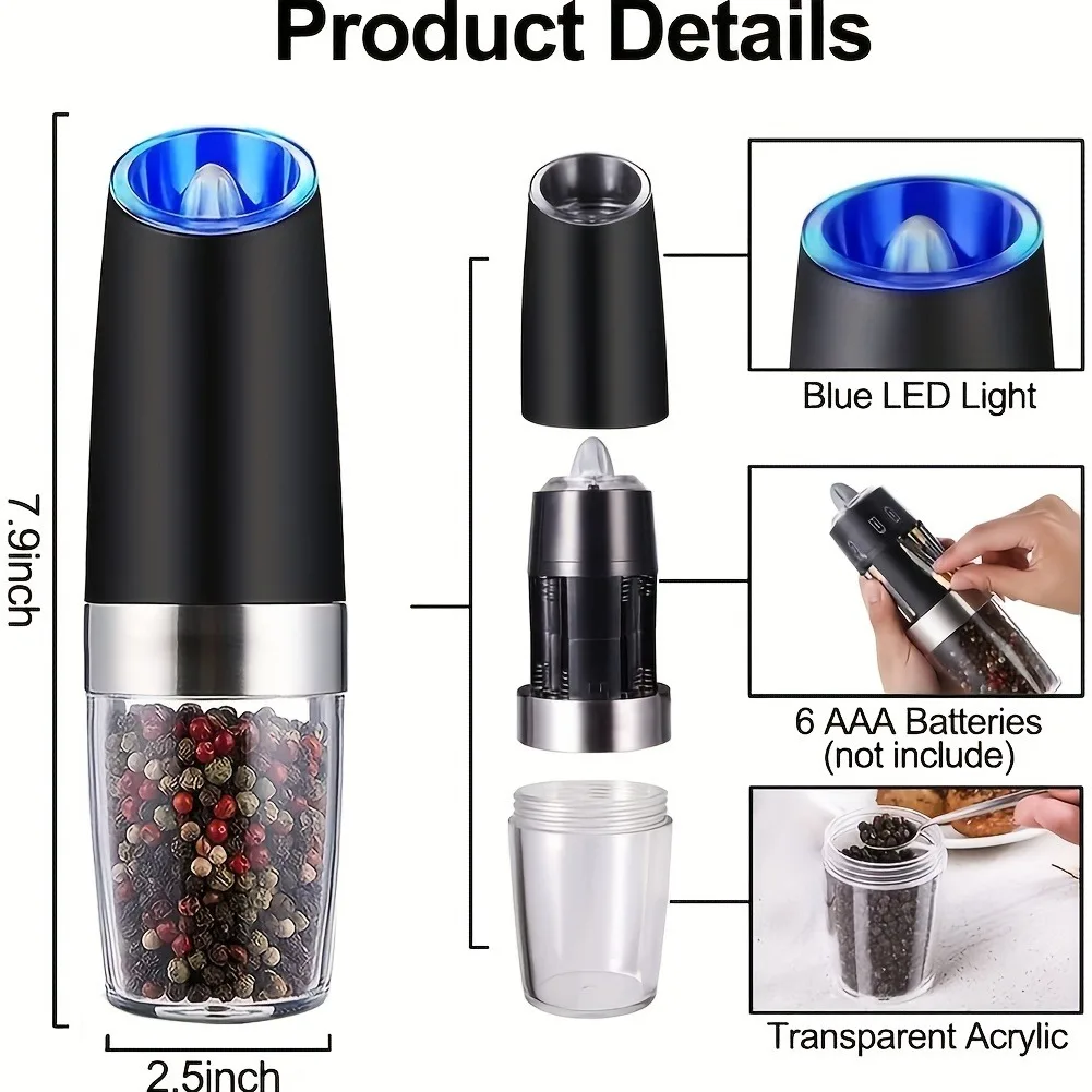 2-piece gravity electric pepper grinder, adjustable thickness, powered by LED lights, stainless steel without battery