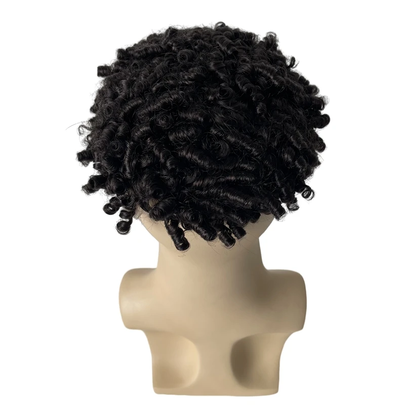 Mongolian Virgin Human Hair Hairpieces #1b Black 15mm Curl Full Lace Toupee 8x10 Male Unit for Black Men