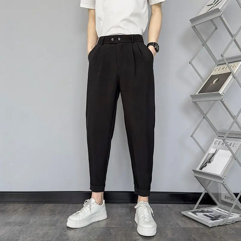 Spring and Autumn Fashion Trend Simple and Casual Loose Versatile High Waist Pocket Solid Color Nine Point Harlan Suit Pants