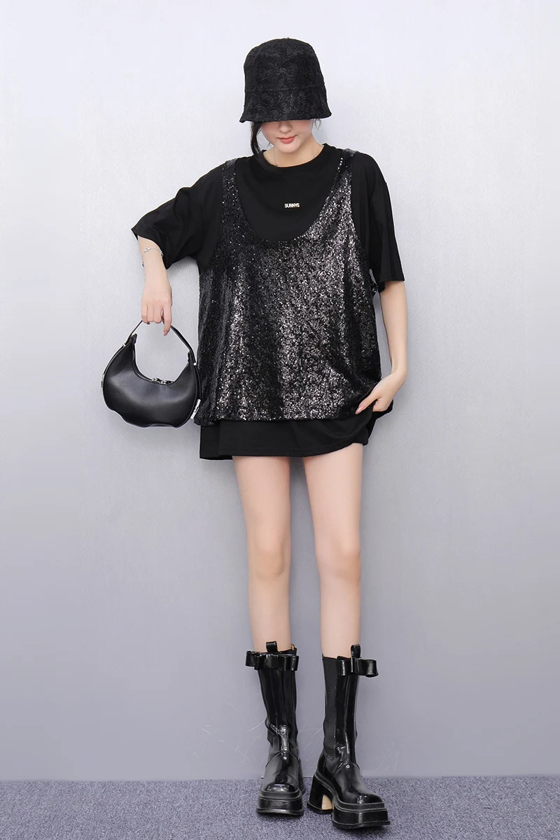 2025 Summer New Korean Style Fashion Women Sequined Loose T-shirts Female  Short Sleeve Top Wholesale J991 - AliExpress 200000345