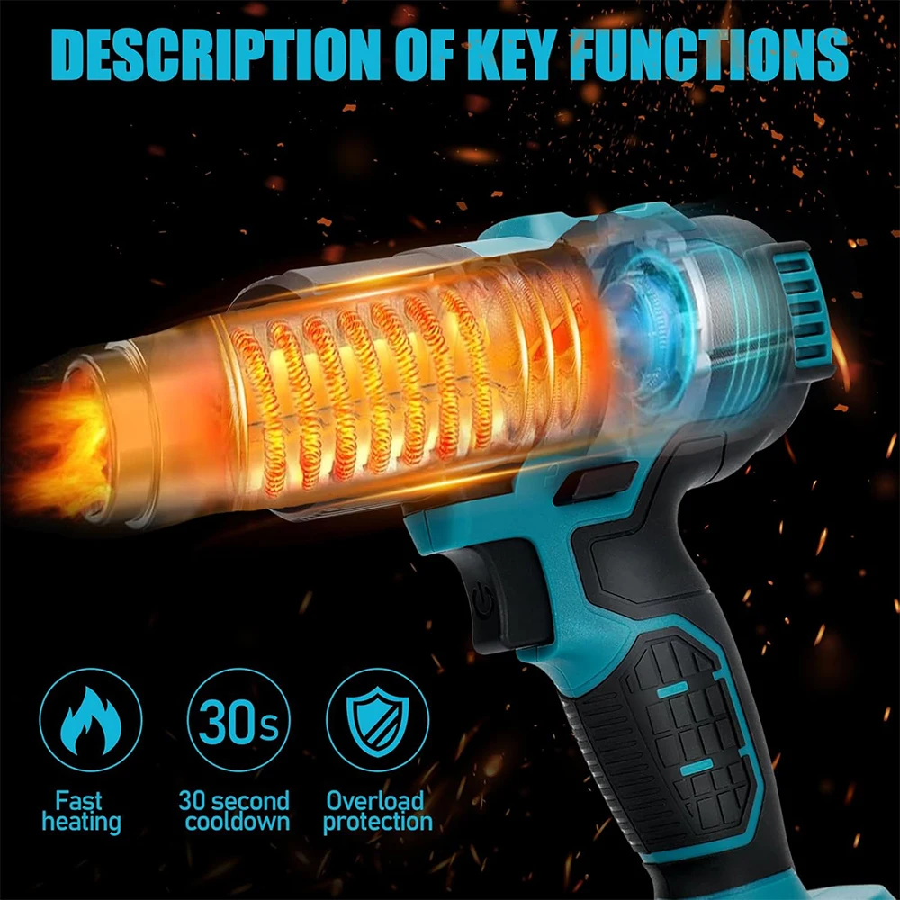 500W Cordless Hot Air Machine 500℃ Rechargable Li-Battery Quick Heating Heat Gun for Shrink Wrapping Heat Shrink Tube PVC