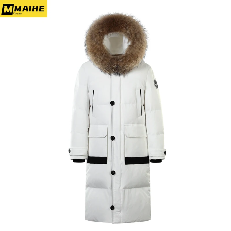 2023 New Men's Down Jacket Long Hooded Fashionable Wool Collar 90% White Duck Down Couple's Coat Light Luxury Warm Winter Jacket