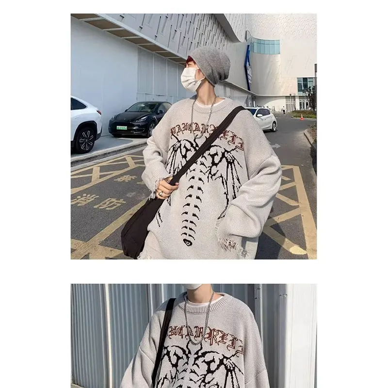 Autumn KPOP Fashion Style Harajuku Slim Fit Tops Loose Casual All Match Pattern Knitwear Insert Printed Long Sleeve Sweaters
