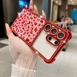 Glitter Diamond Leopard Print Phone Case with Lens Protection and Plating Shockproof Cover - Galaxy S23 Ultra (Red)