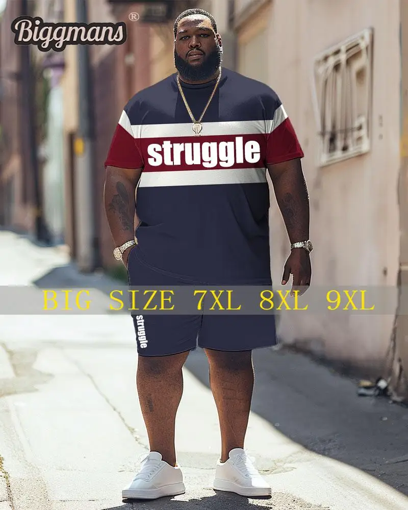 Biggmans Two Piece T-Shirt Sets for Men's Clothing Struggle Letter Print Top Large Shorts Round Neck Big Plus Size Suit L-9Xl
