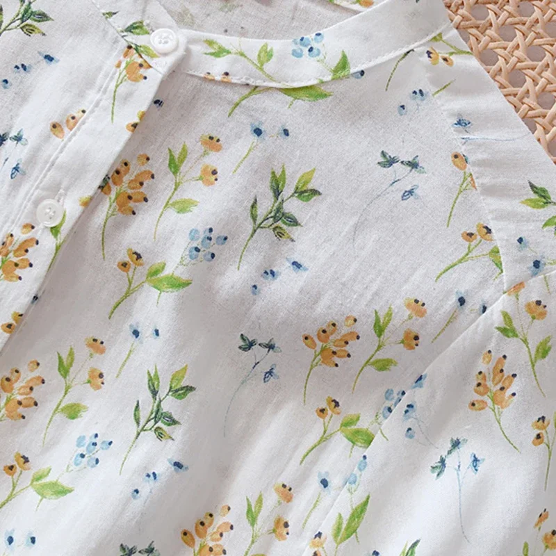 Spring Summer Sweet Mori Girl Floral Print Cotton Shirt Women Stand Collar Batwing Sleeved Casual Loose Blouse Tops