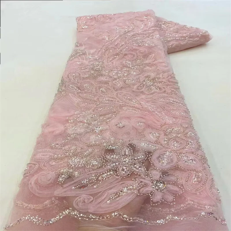 

African Sequins Lace Fabric 2024 5 Yards High Quality French Nigerian Groom Lace Fabric For Sewing Dress Wedding Party Pink