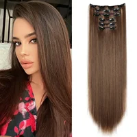 Extensions de cheveux noirs 24 "/60 cm 6 pièces/ensemble femmes longue ligne droite synthétique pleine tête pince 16 Clips Ombre résistant à la chaleur fibre cheveux 6