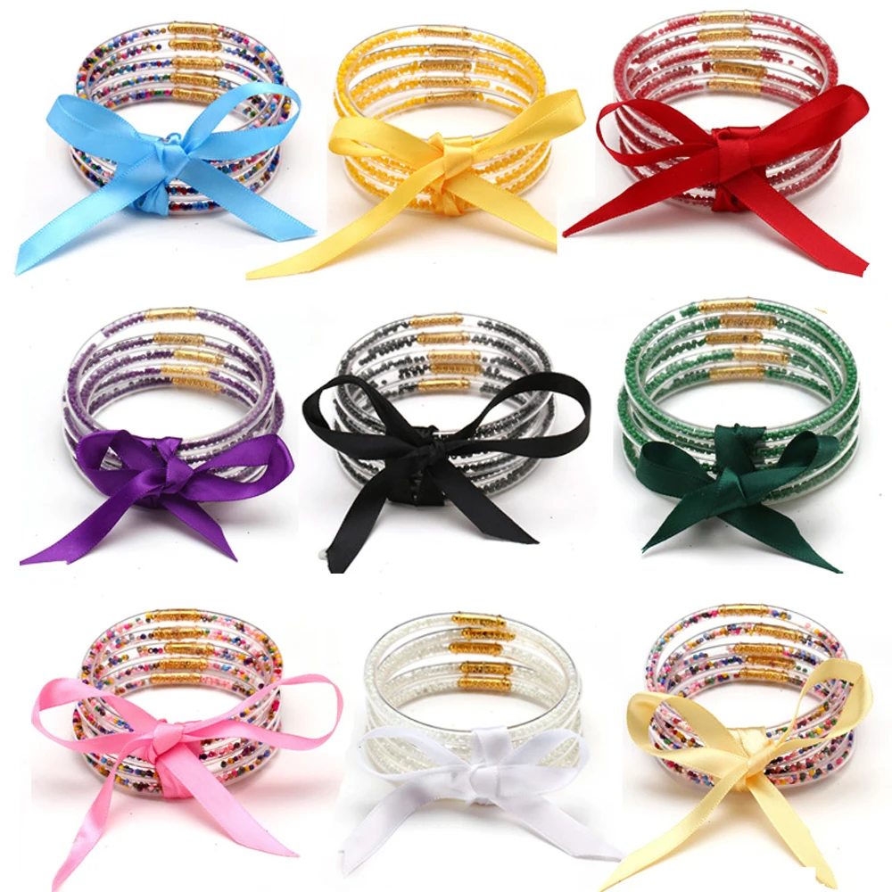 

5pcs Jonc Bouddhiste Rush Bangle Bracelet Colorful Loose Beads Filled Ribbon Bow-knot Jelly Silicone Bracelet Pulseras Tibetanas