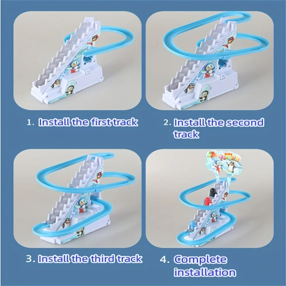 Penguin Race Set Penguin Slide Playset LED Flashing Lights Racing Track Game Set Penguin Stair Climbing Toys Kids Holiday Gift 4