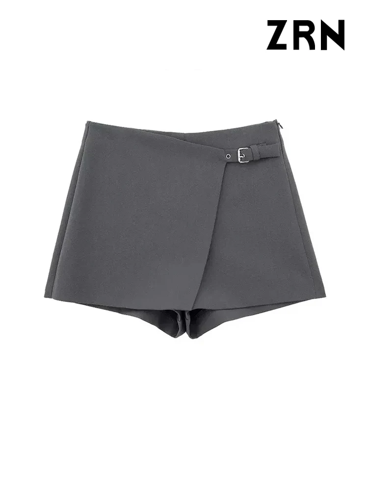 ZRN-Asymmetric Shorts Skirts with Tab for Women, High Waist, Side Zipper, Female Skort, Fashion