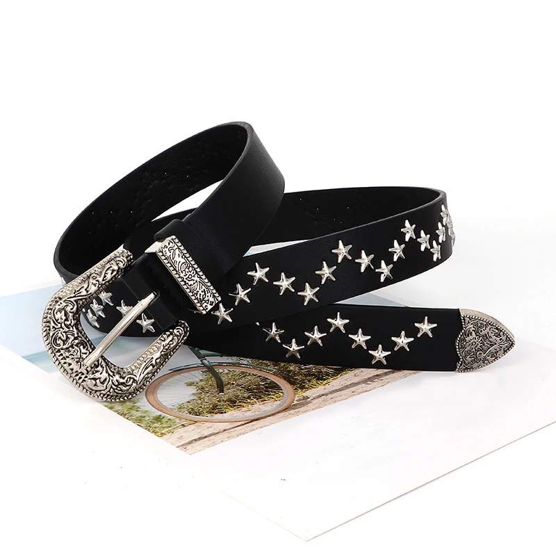 Women's Rivet Punk Style Carved Buckle Belt，Rock Punk Subculture HipHop Street Trend Y2K Style Spicy Girl Jeans Decoration Belts