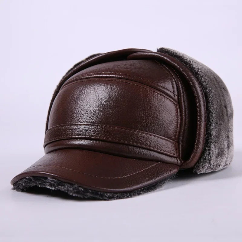 

Winter Bomber Hat Men Russian Brown Leather Ushanka Cap With Ear Flaps Fur Warm Genuine Cow Leather Brand Baseball Cap