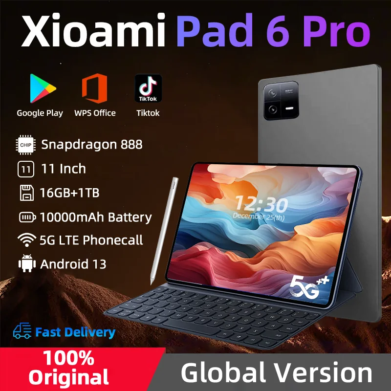 2024 패드 6 프로 오리지널 글로벌 버전, 16GB + 1TB, 안드로이드 13, 스냅드래곤 888, 11 인치 태블릿 PC, 5G 듀얼 SIM, 10000mAh HD 4K Mi Tab