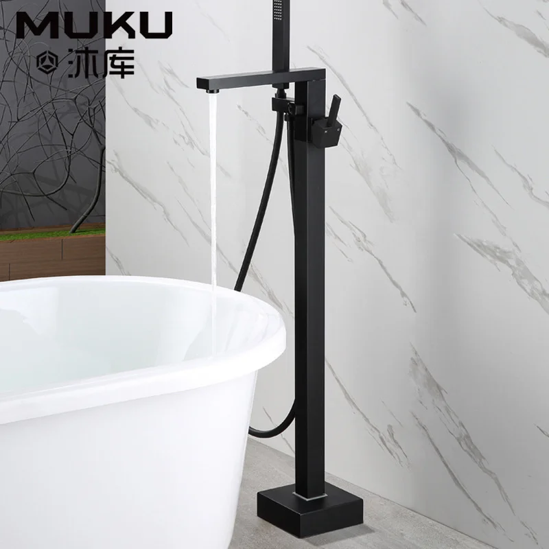 

Bathroom Floor Standing Bathtub Faucet Square Copper Brushed Gold Black Shower Vertical Cold And Hot Water Mixer Bath Faucet
