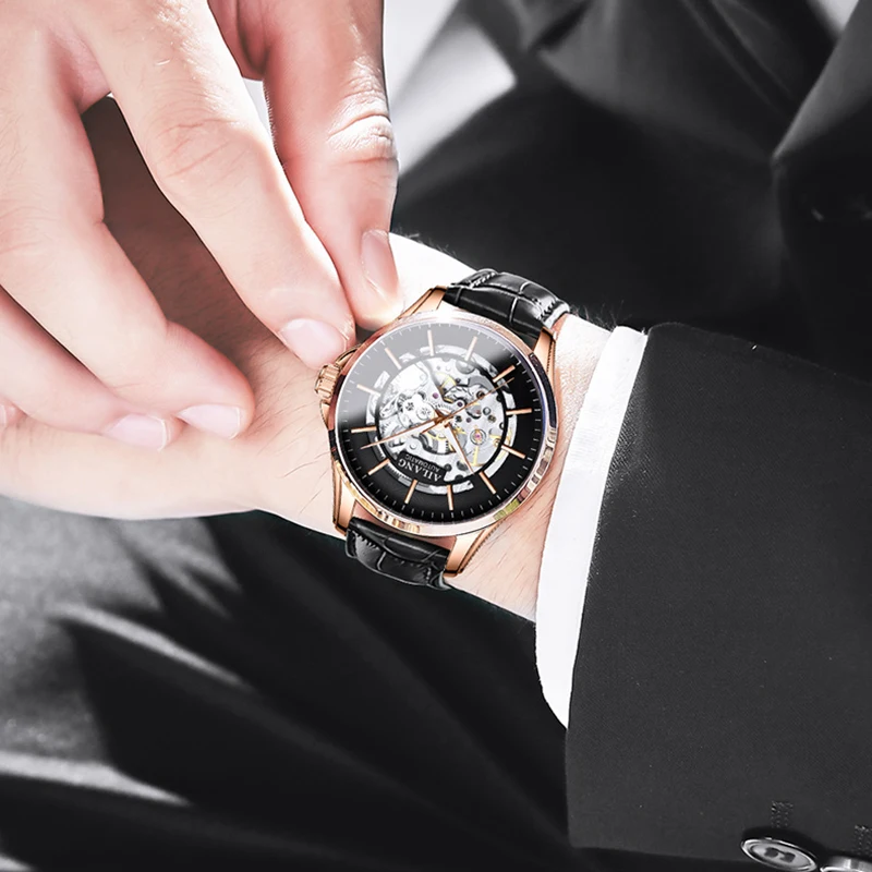 AILANG Luxury Skeleton Mechanical Watch For Men Fashion Blue Leather Strap Waterproof Luminous Hands Hollow Watches